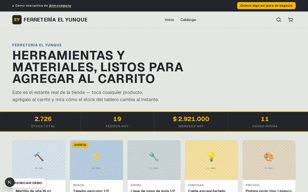 Home de Ferretería El Yunque con el tablero de stock en vivo y el estante de productos destacados