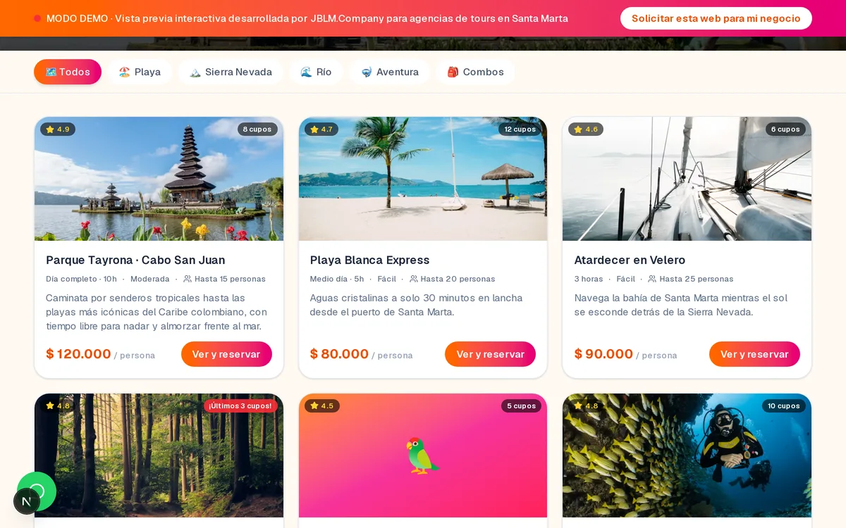 Grilla de tours de Costa Salvaje Tours con calificación, cupos disponibles y precio por persona